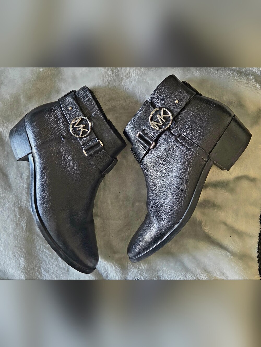 Michael Kors Black Leather Ankle Booties with Silver MK Emblem